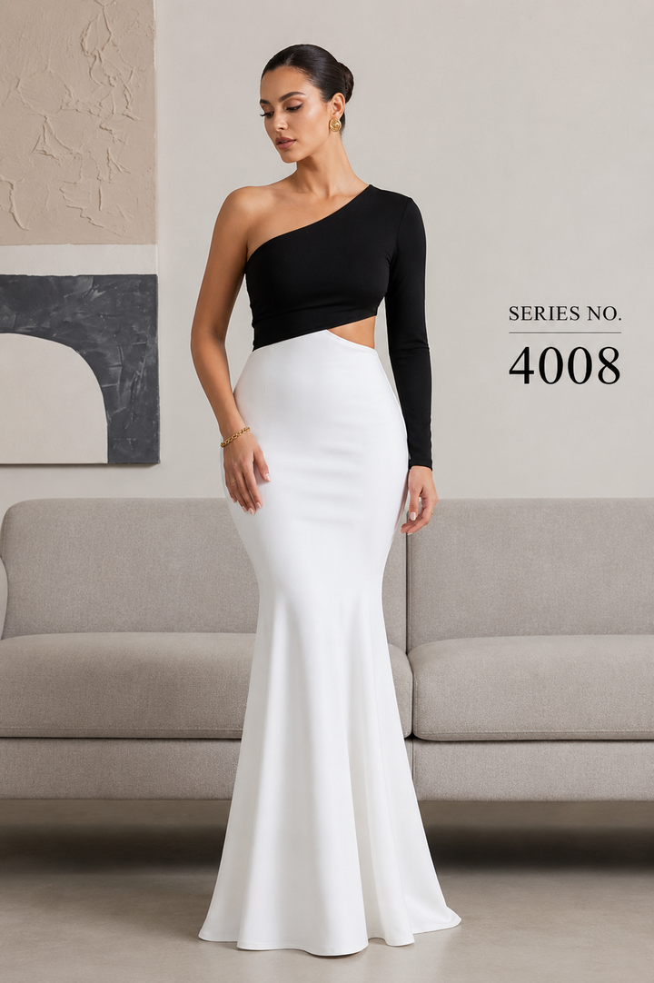 YJ FASHION Black & White One-Shoulder Cut-Out Mermaid Maxi Gown - Series 4008