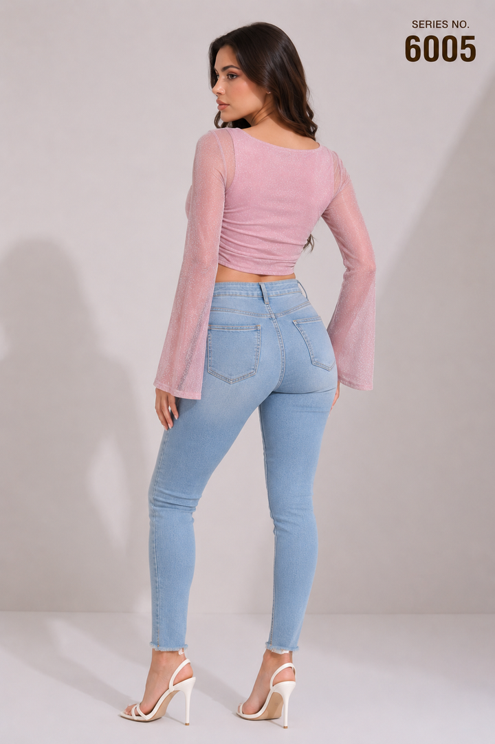 YJ FASHION Mauve Shimmer Ruched Bell Sleeve Crop Top - Series 6005