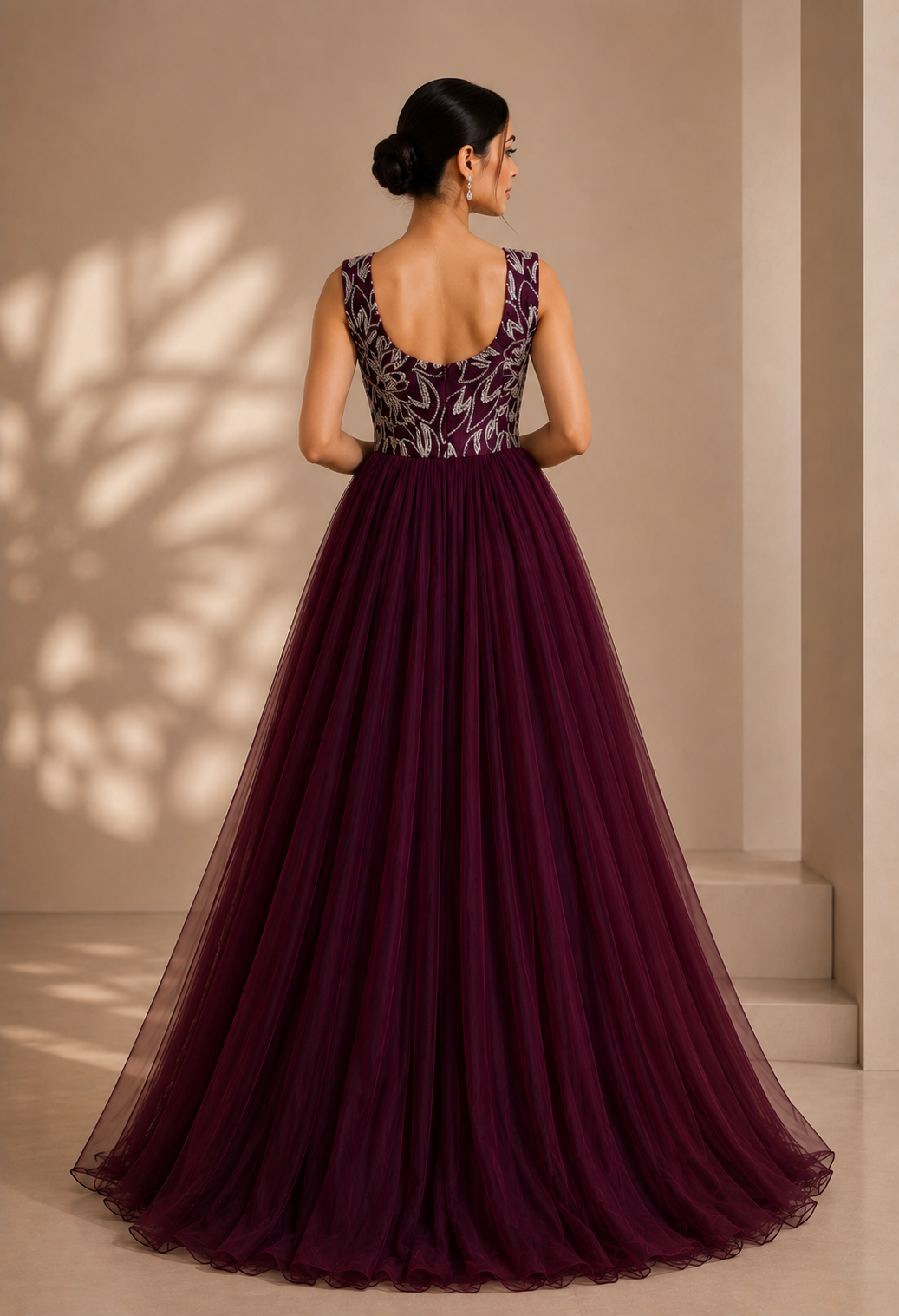 Wine Embroidered Bodice Ball Gown with Layered Tulle Skirt