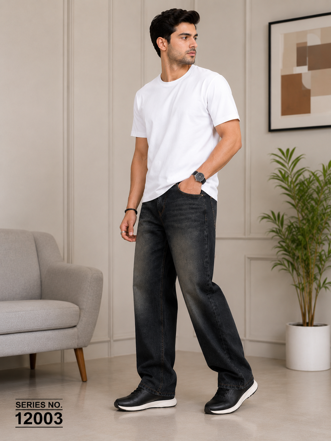 YJ FASHION Men's Wide Leg Faded Black Baggy Jeans