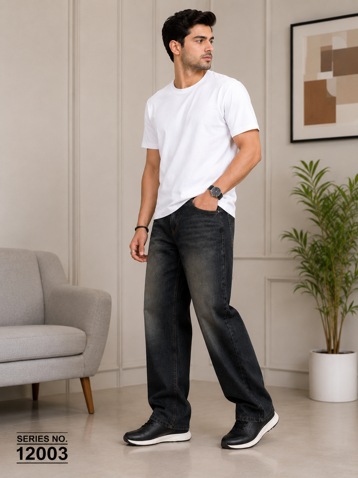 YJ FASHION Men's Wide Leg Faded Black Baggy Jeans