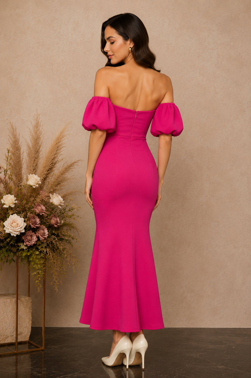 YJ FASHION Fuchsia Off-Shoulder Puff Sleeve Mermaid Midi Dress - Series 4007