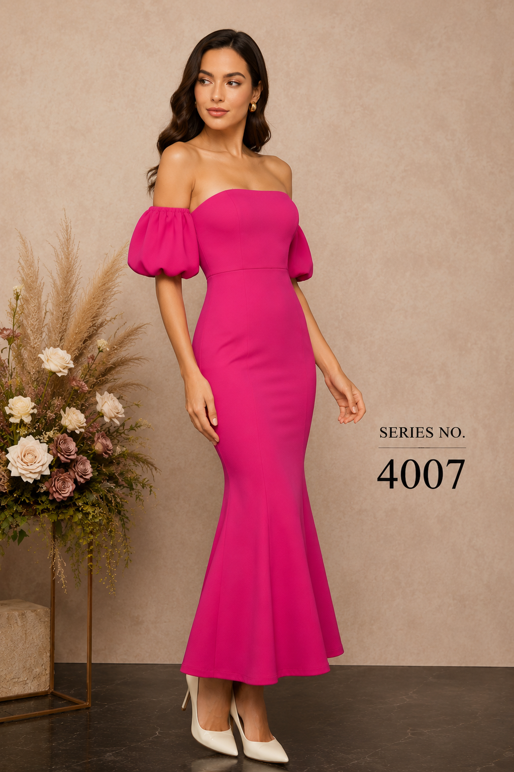YJ FASHION Fuchsia Off-Shoulder Puff Sleeve Mermaid Midi Dress - Series 4007