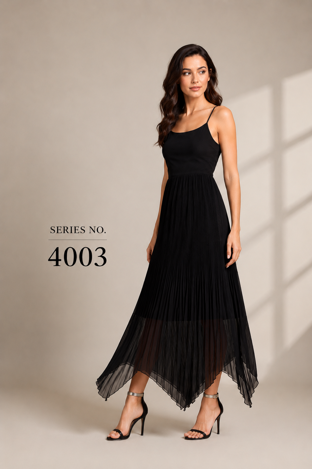 YJ FASHION Black Spaghetti Strap Pleated Asymmetric Maxi Dress - Series 4003