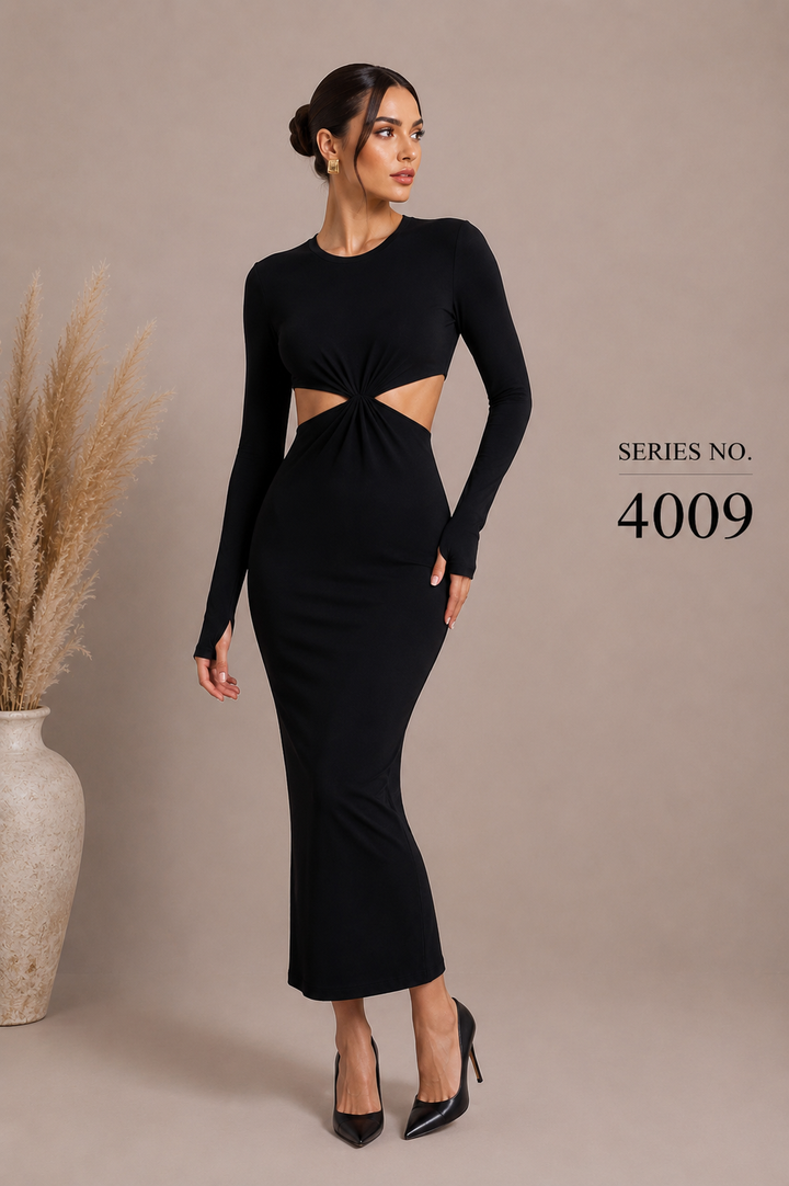 YJ FASHION Black Full Sleeve Cut-Out Twist Bodycon Midi Dress - Series 4009