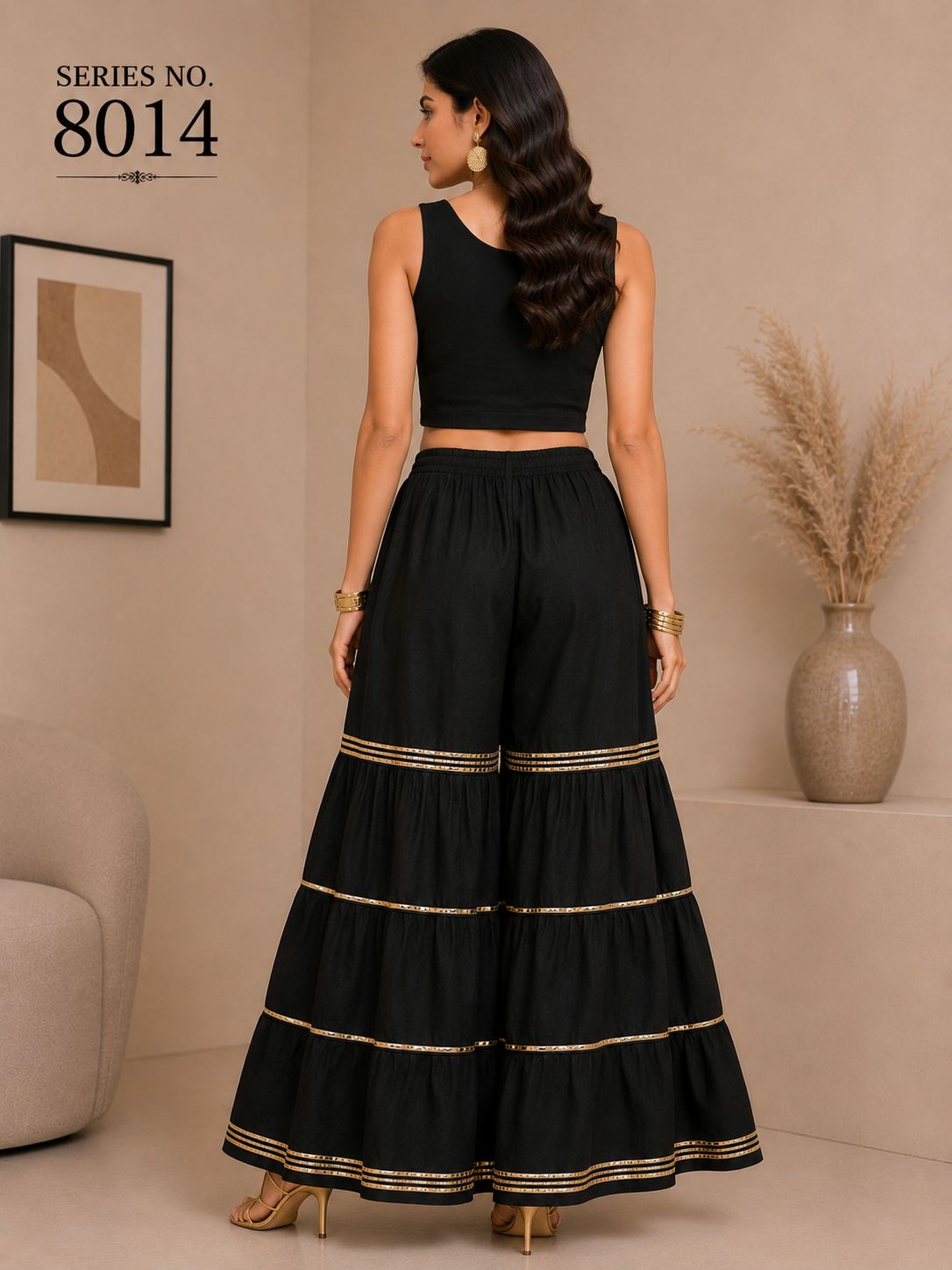 YJ FASHION Black Tiered Palazzo Pants With Gold Detailing