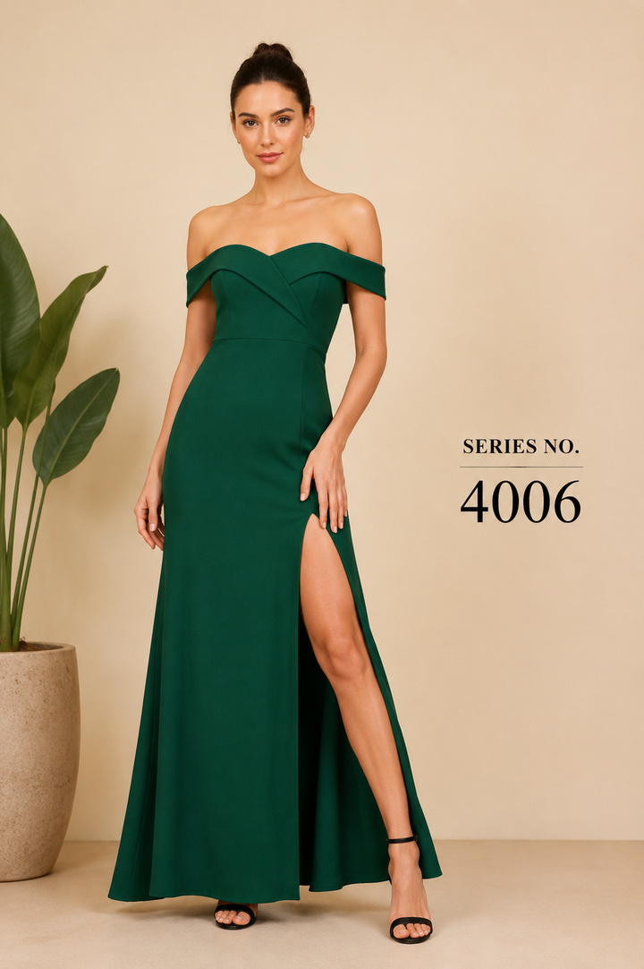 YJ FASHION Emerald Green Off-Shoulder High Slit Maxi Gown - Series 4006