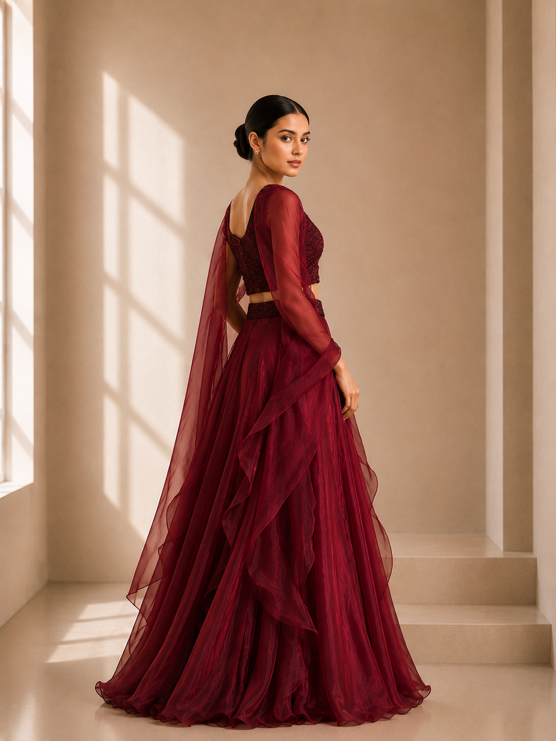 Maroon ruffle organza lahenga set with sequin embroidered crop top and sheer dupatta
