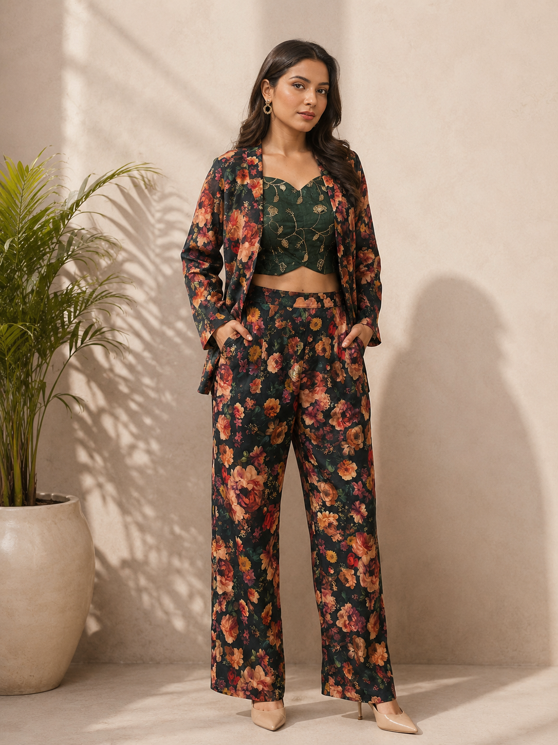 Dark floral  printed 3-piece indo-western set-blazer,crop top and pants