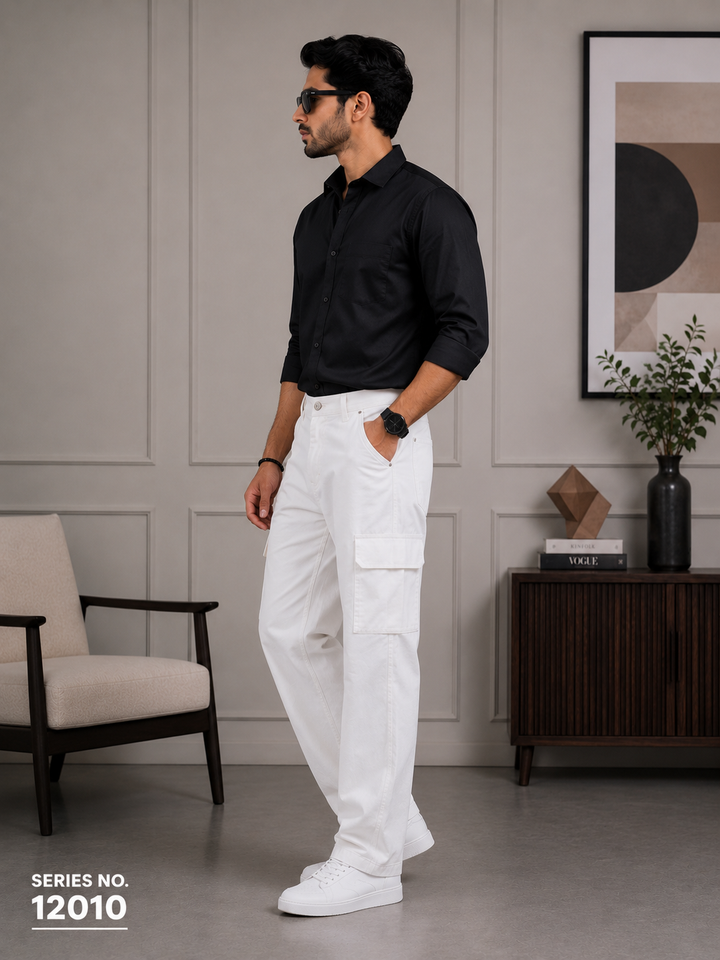 YJ FASHION Men's Loose Fit Mid Rise White Cargo Jeans