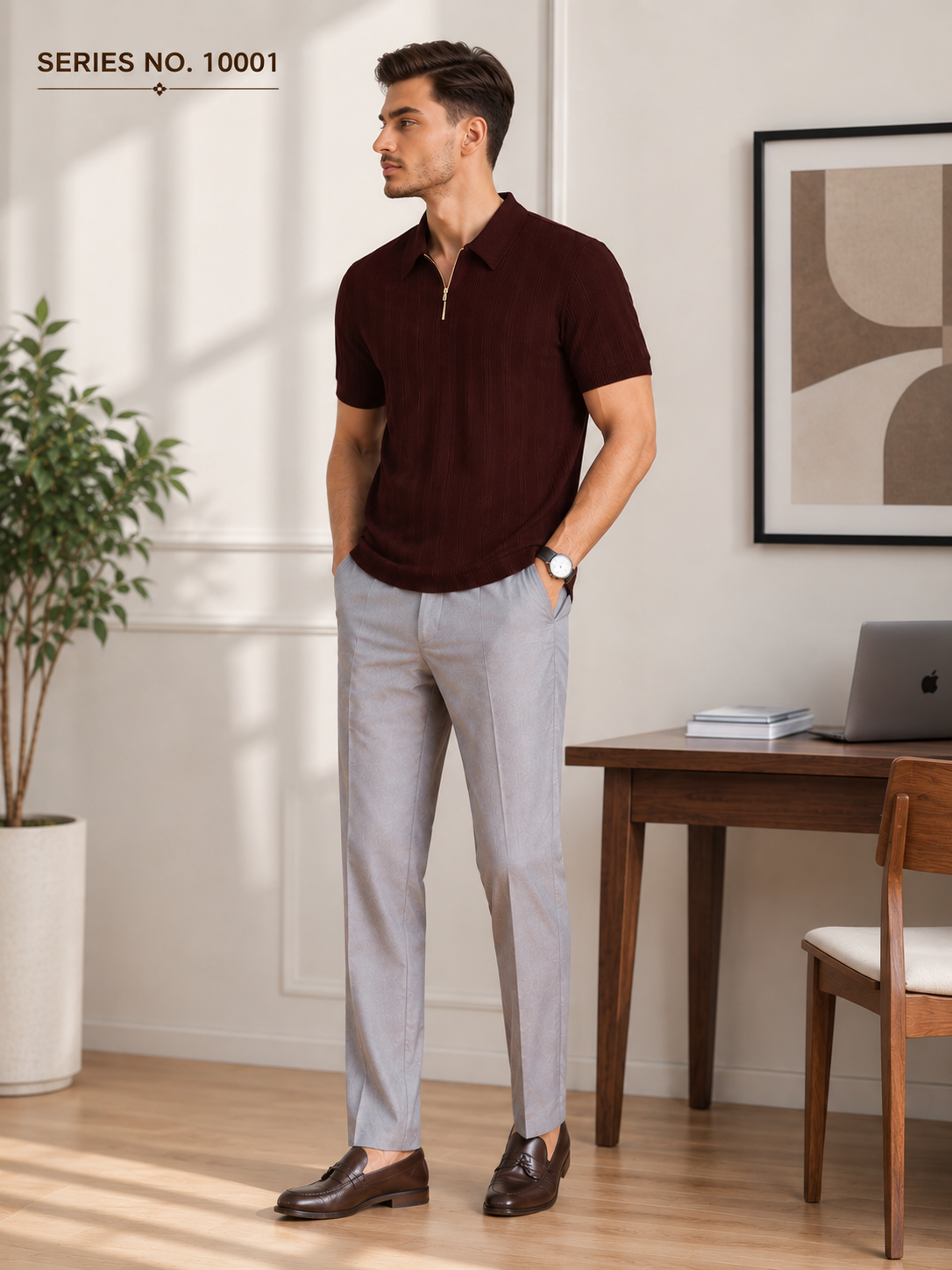 YJ FASHION Men's Textured Zip Collar Polo T-Shirt