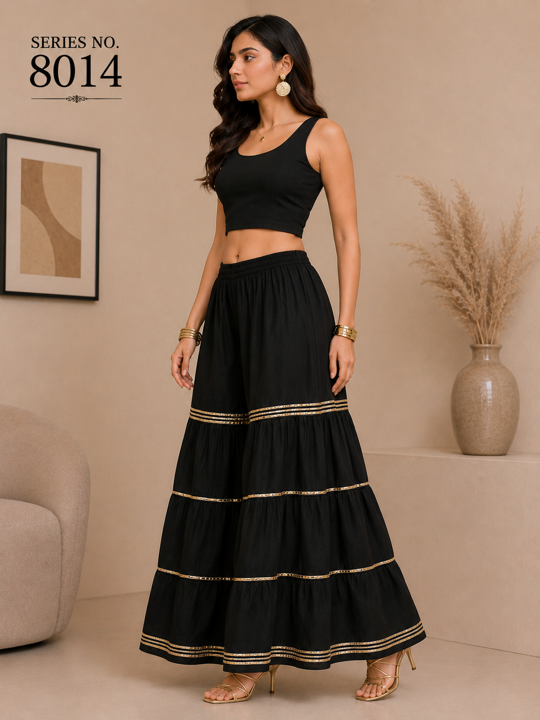 YJ FASHION Black Tiered Palazzo Pants With Gold Detailing