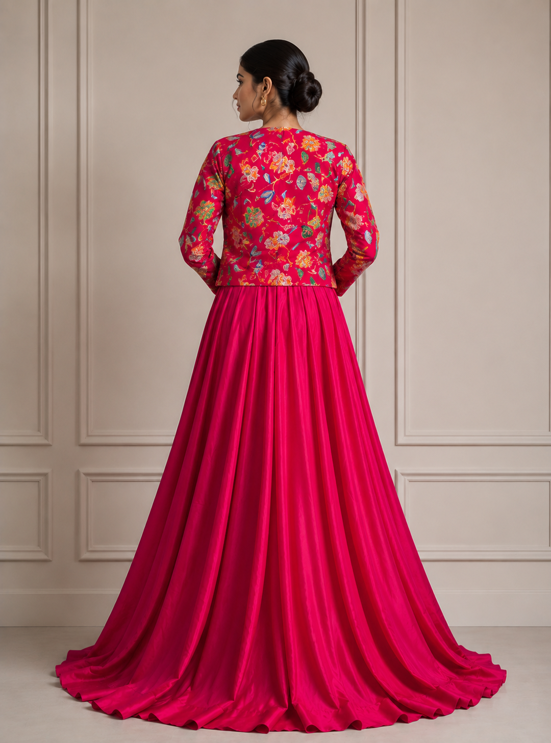 fuchsia pink plain satin lahenga set with multi-color floral printed jacket