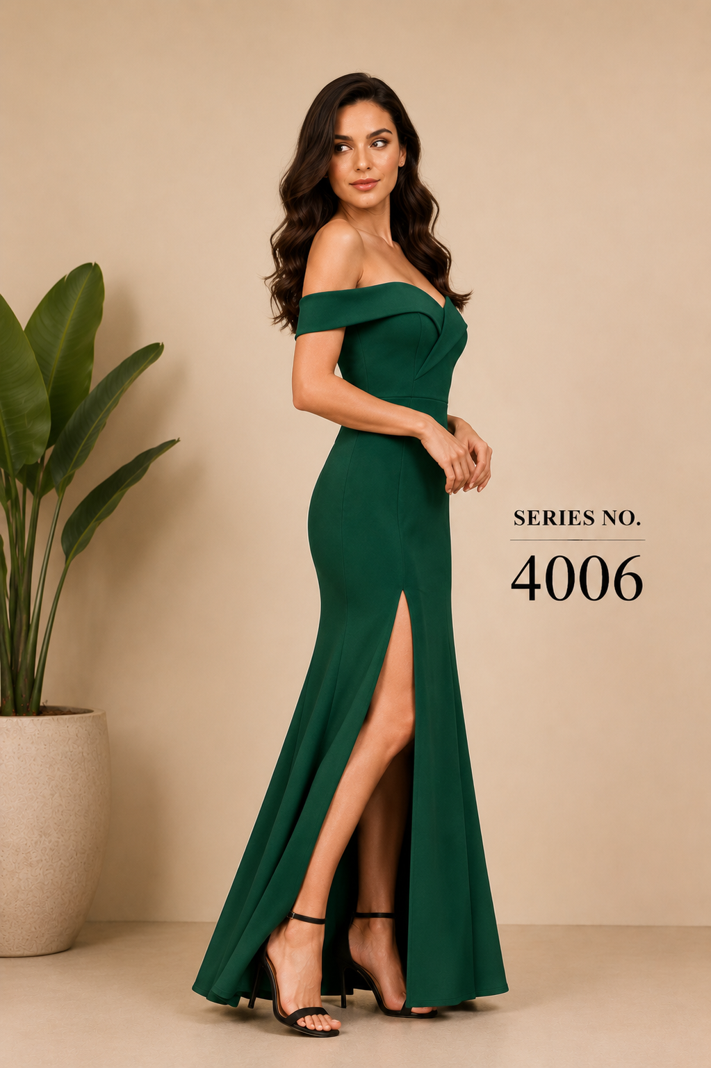 YJ FASHION Emerald Green Off-Shoulder High Slit Maxi Gown - Series 4006