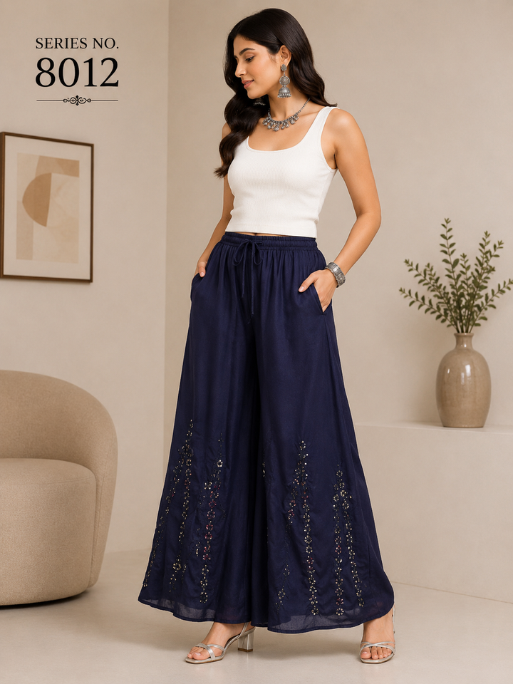YJ FASHION Navy Blue Sequin Embroidered Wide Leg Palazzo Pants