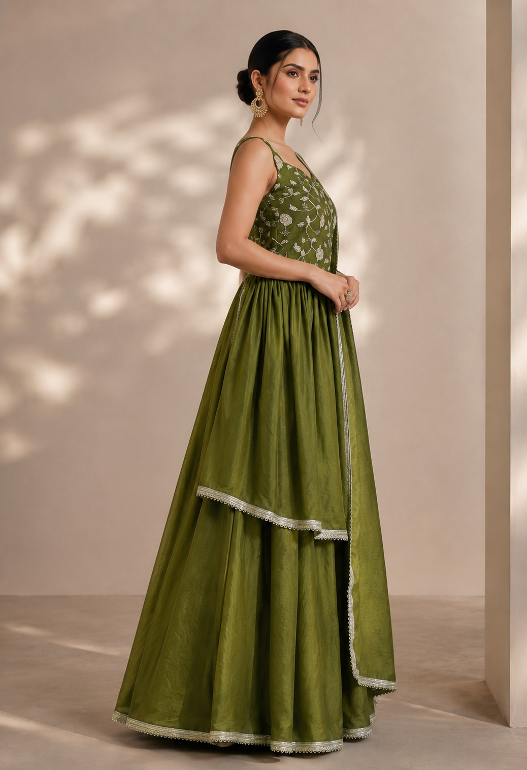 olive green embroidered crop top sharara set golden lace border dupatta