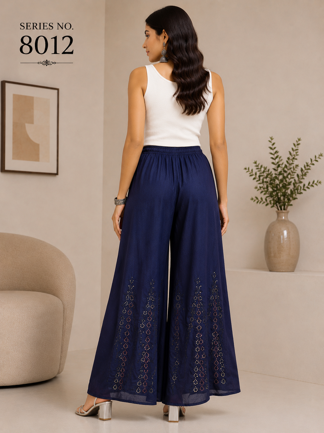 YJ FASHION Navy Blue Sequin Embroidered Wide Leg Palazzo Pants