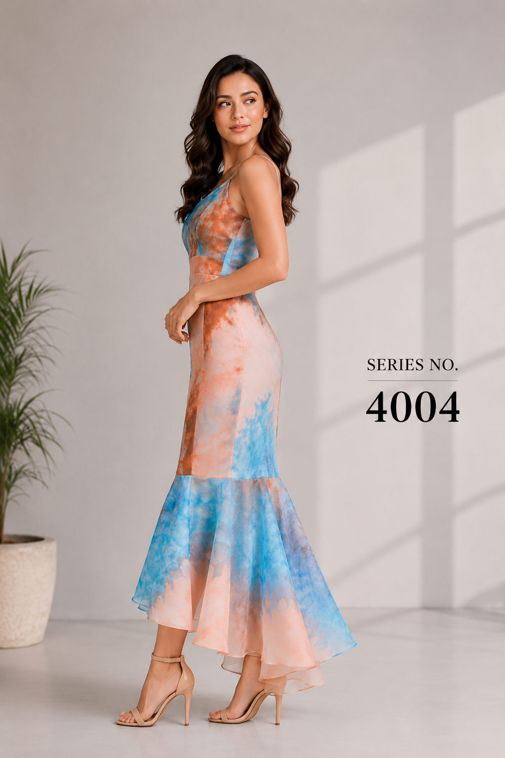 YJ FASHION Blue-Orange Tie-Dye Spaghetti Strap Mermaid Midi Dress - Series 4004
