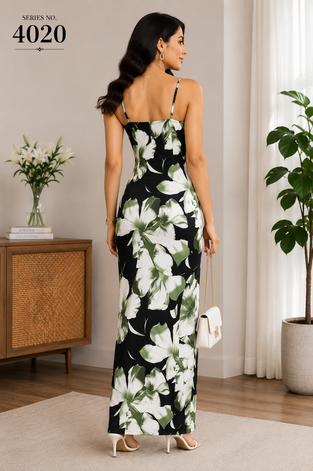 YJ FASHION Black White Floral Spaghetti Strap Maxi Dress