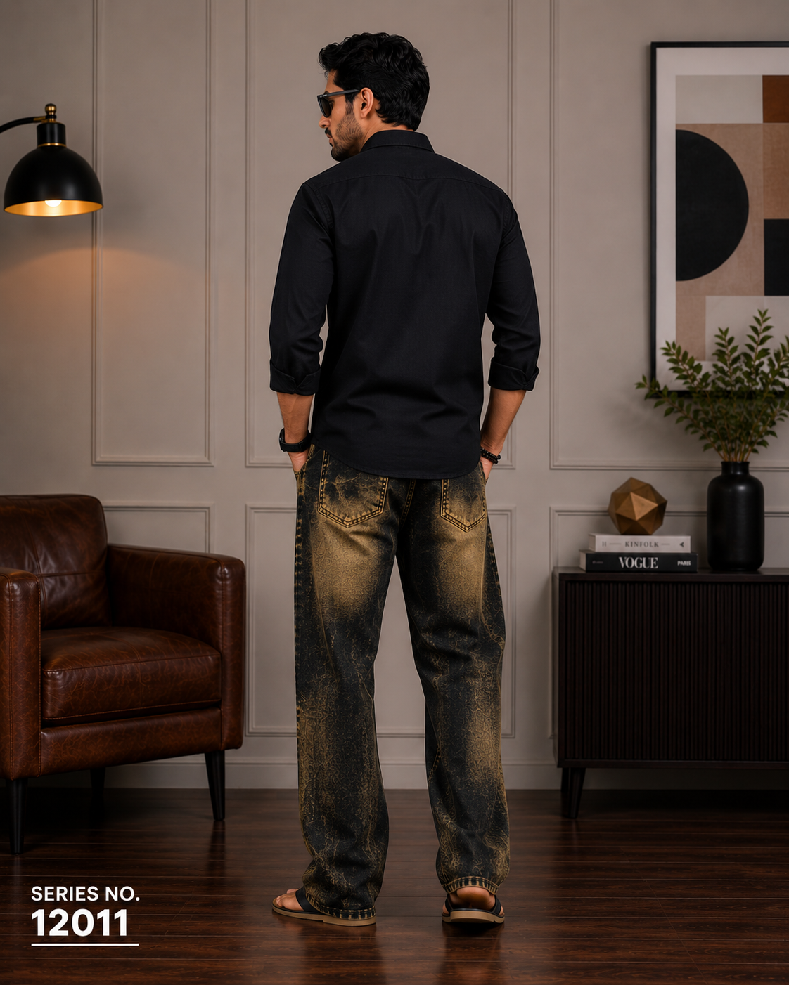 YJ FASHION Men's Loose Fit Acid Wash Yellow Black Baggy Jeans