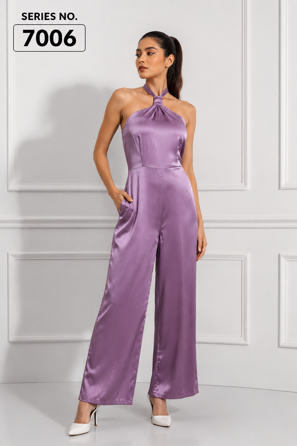 YJ FASHION Lavender Satin Halter Neck Jumpsuit