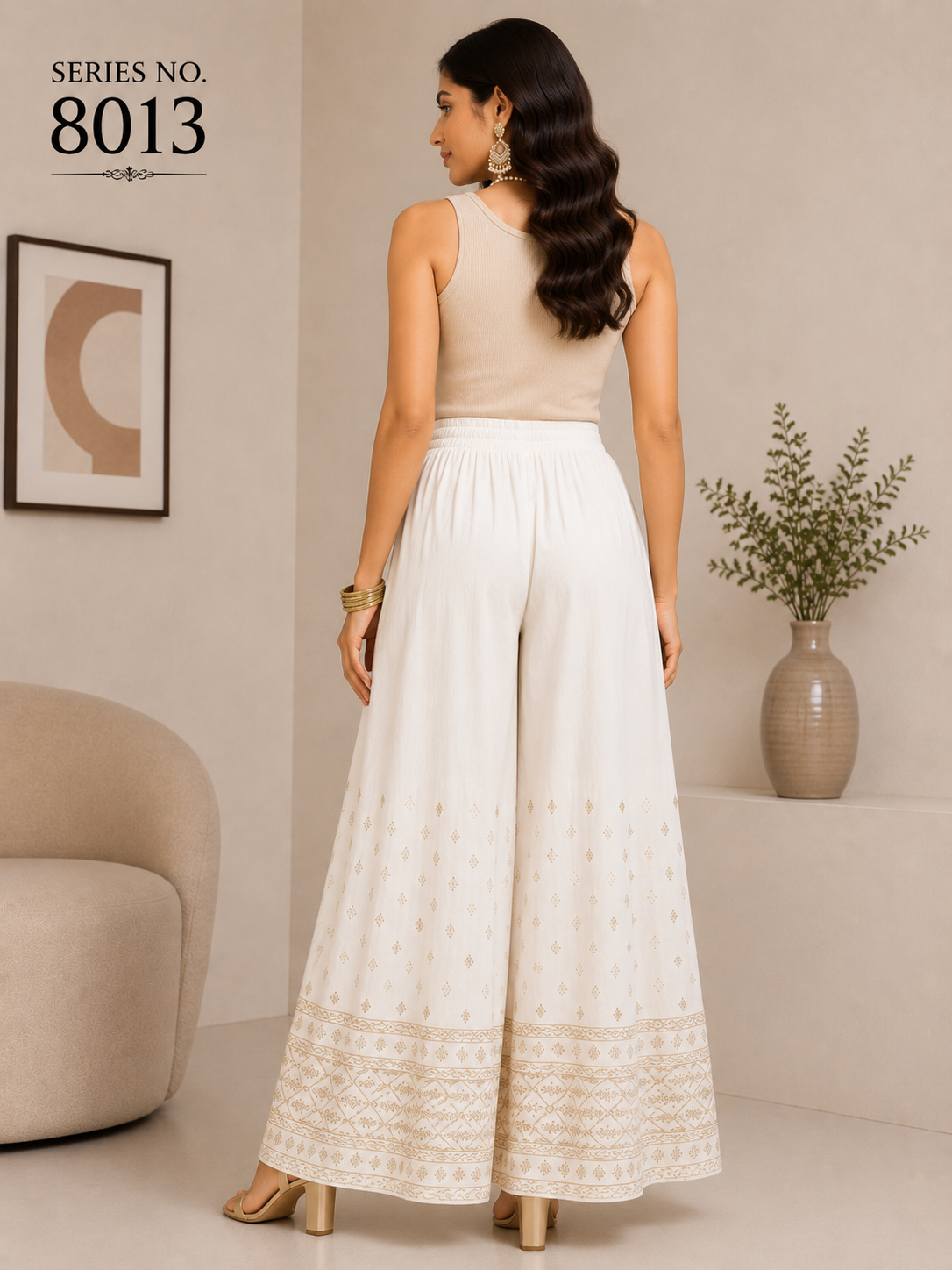 YJ FASHION White Embroidered Border Wide Leg Palazzo Pants