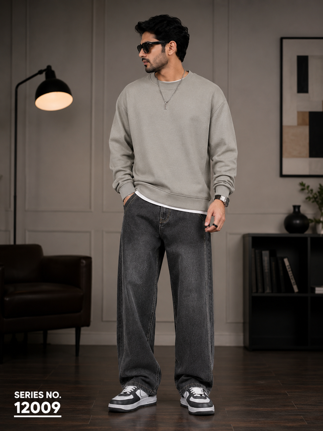YJ FASHION Men's Loose Fit Mid Rise Dark Grey Jeans