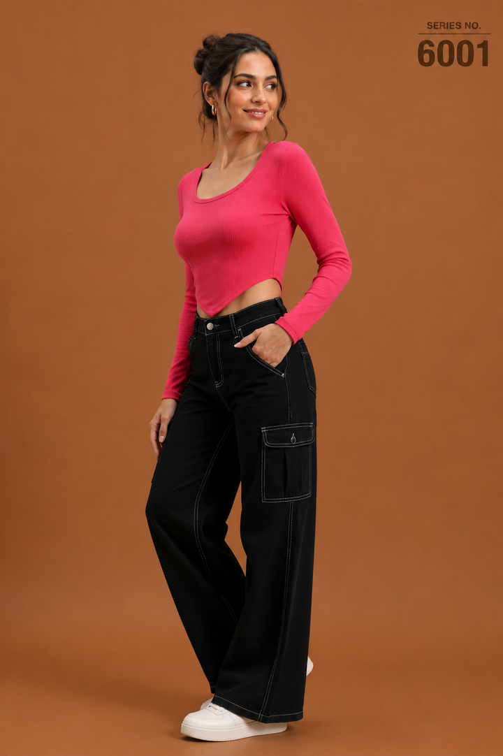 YJ FASHION Hot Pink Full Sleeve Curved Hem Crop Top with Black Cargo Pants Set - Series 6001