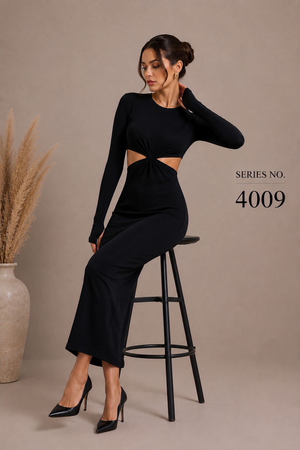 YJ FASHION Black Full Sleeve Cut-Out Twist Bodycon Midi Dress - Series 4009