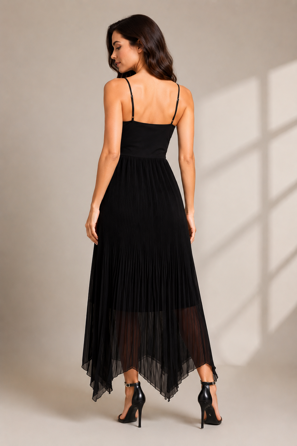 YJ FASHION Black Spaghetti Strap Pleated Asymmetric Maxi Dress - Series 4003