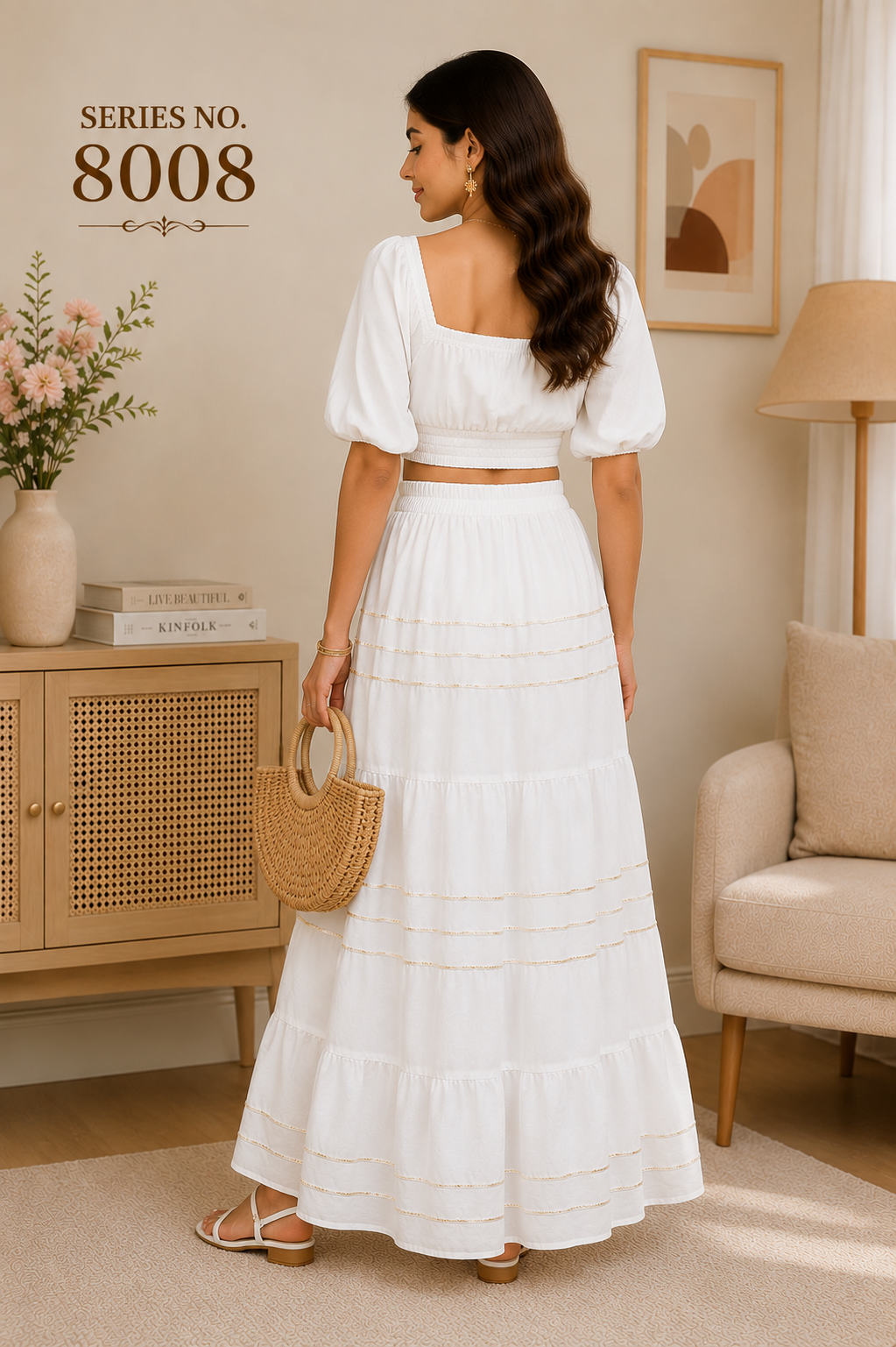 YJ FASHION White Tiered Maxi Skirt With Gold Stripes
