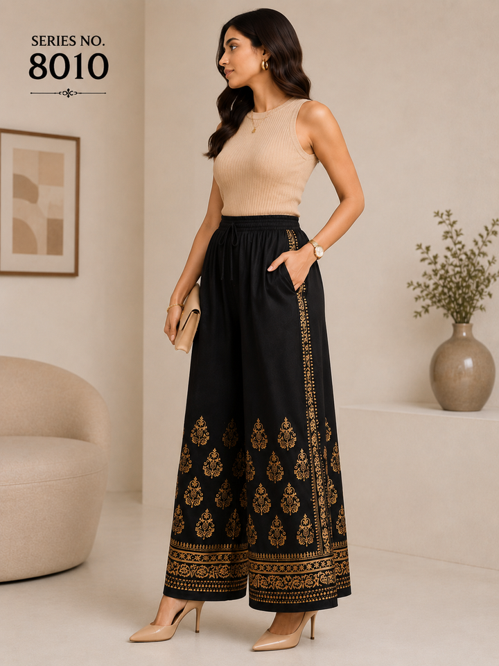 YJ FASHION Black Wide Leg Palazzo Pants With Gold Print