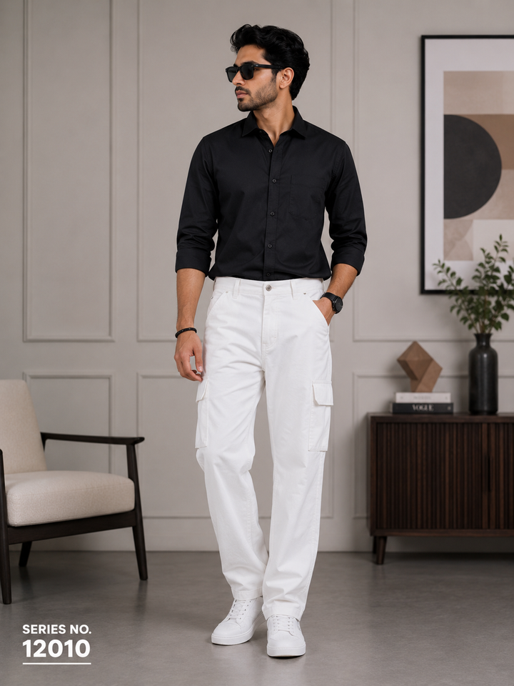 YJ FASHION Men's Loose Fit Mid Rise White Cargo Jeans