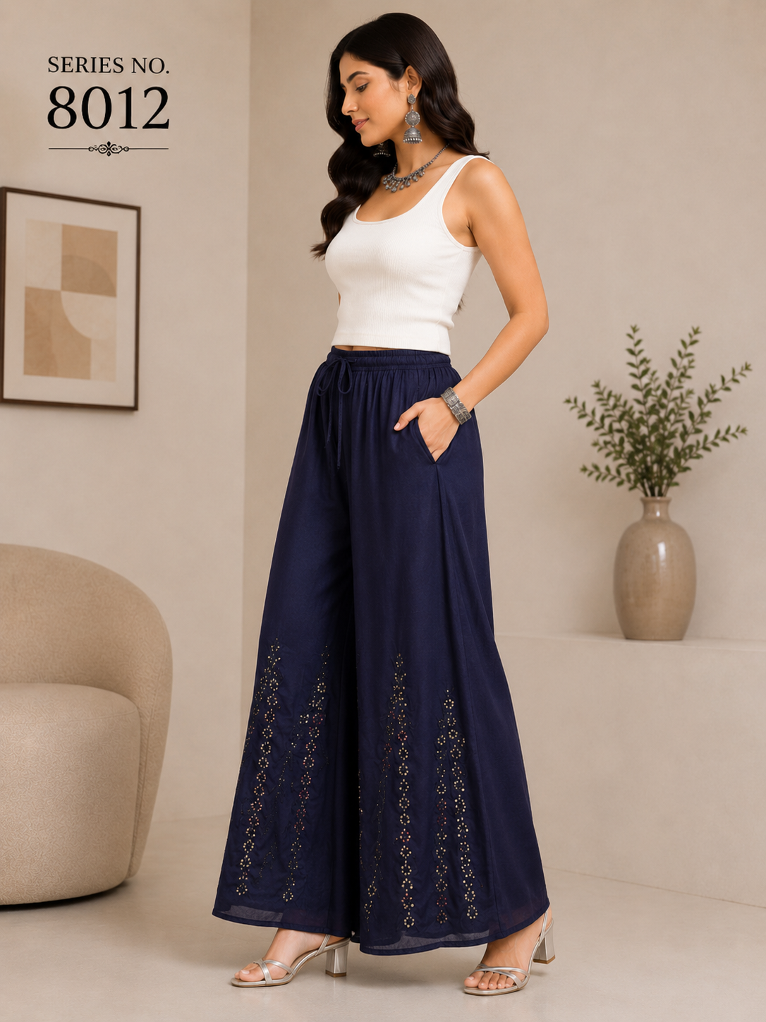 YJ FASHION Navy Blue Sequin Embroidered Wide Leg Palazzo Pants