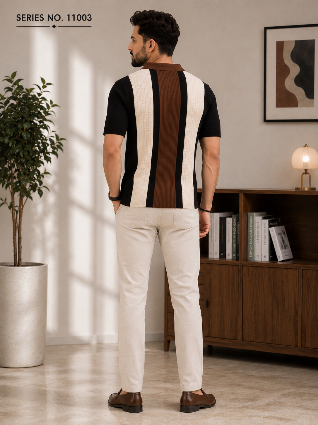 YJ FASHION Men's Cable Knit Colourblock Zip Polo T-Shirt
