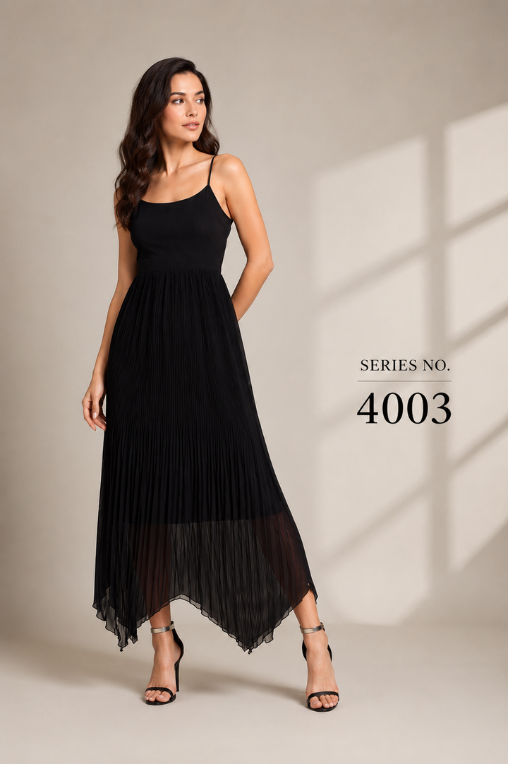 YJ FASHION Black Spaghetti Strap Pleated Asymmetric Maxi Dress - Series 4003