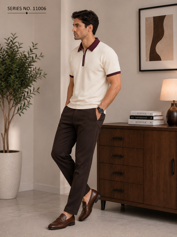 YJ FASHION Men's Contrast Collar Zip Placket Polo T-Shirt