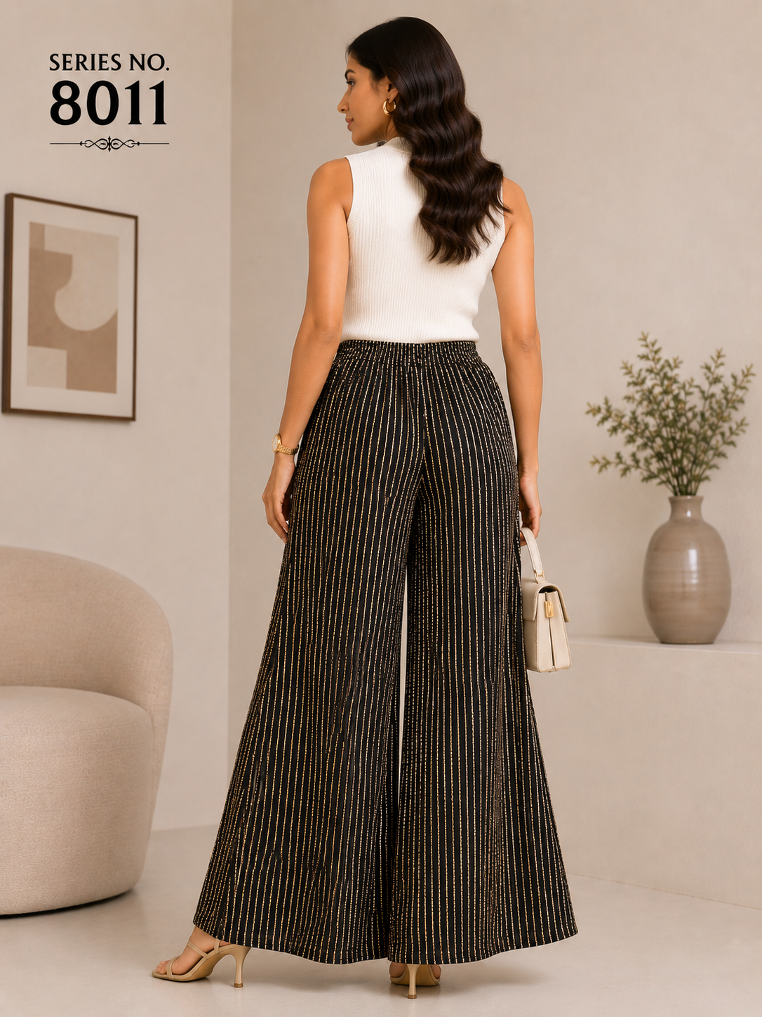 YJ FASHION Black Wide Leg Palazzo Pants With Gold Stripes