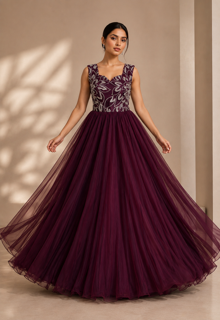 Wine Embroidered Bodice Ball Gown with Layered Tulle Skirt