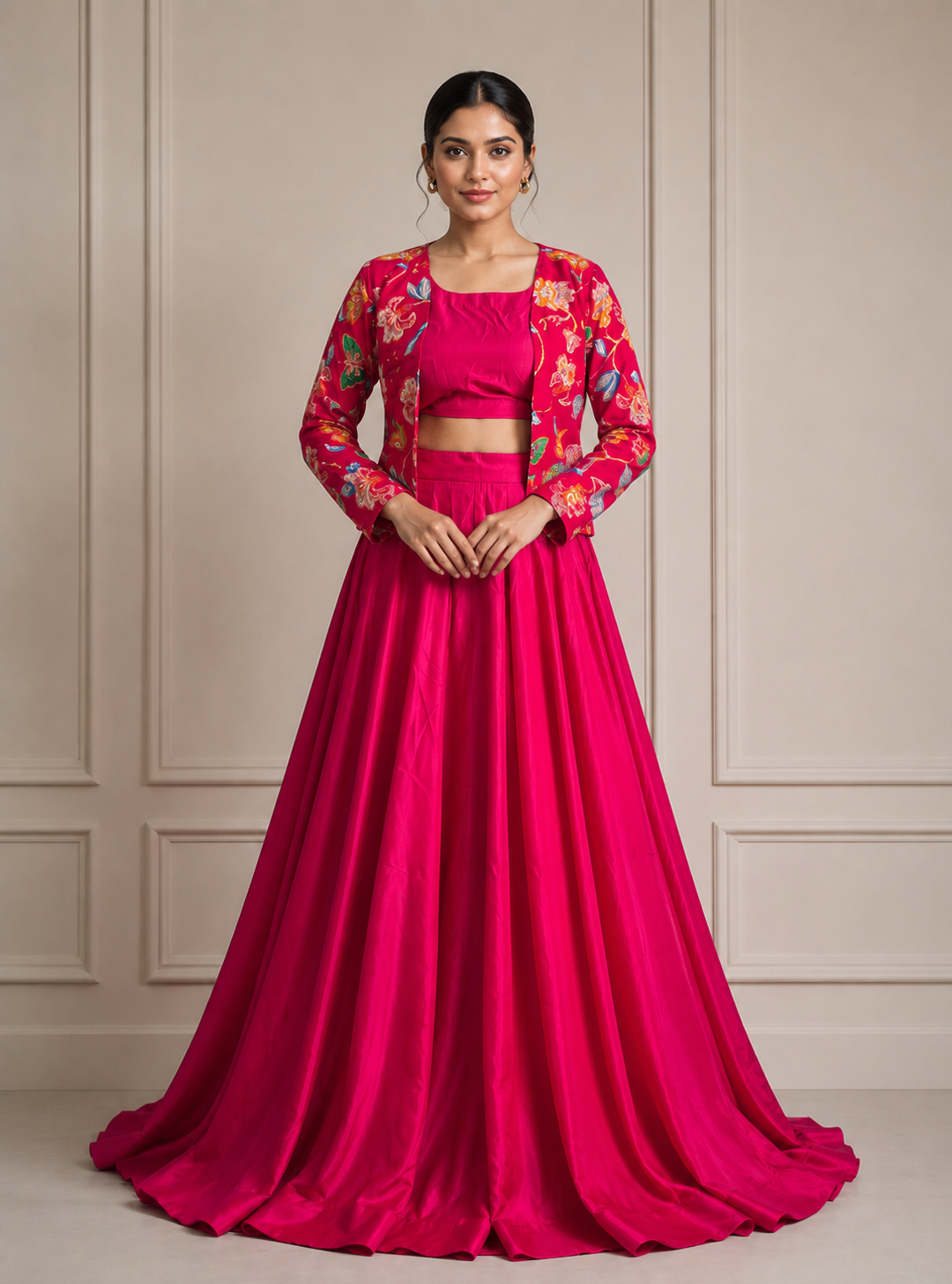 fuchsia pink plain satin lahenga set with multi-color floral printed jacket