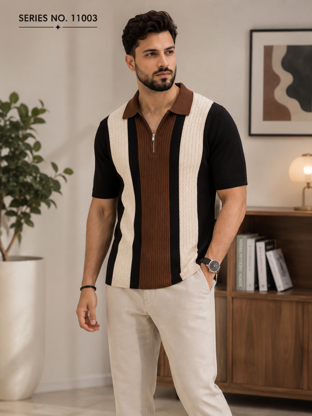 YJ FASHION Men's Cable Knit Colourblock Zip Polo T-Shirt