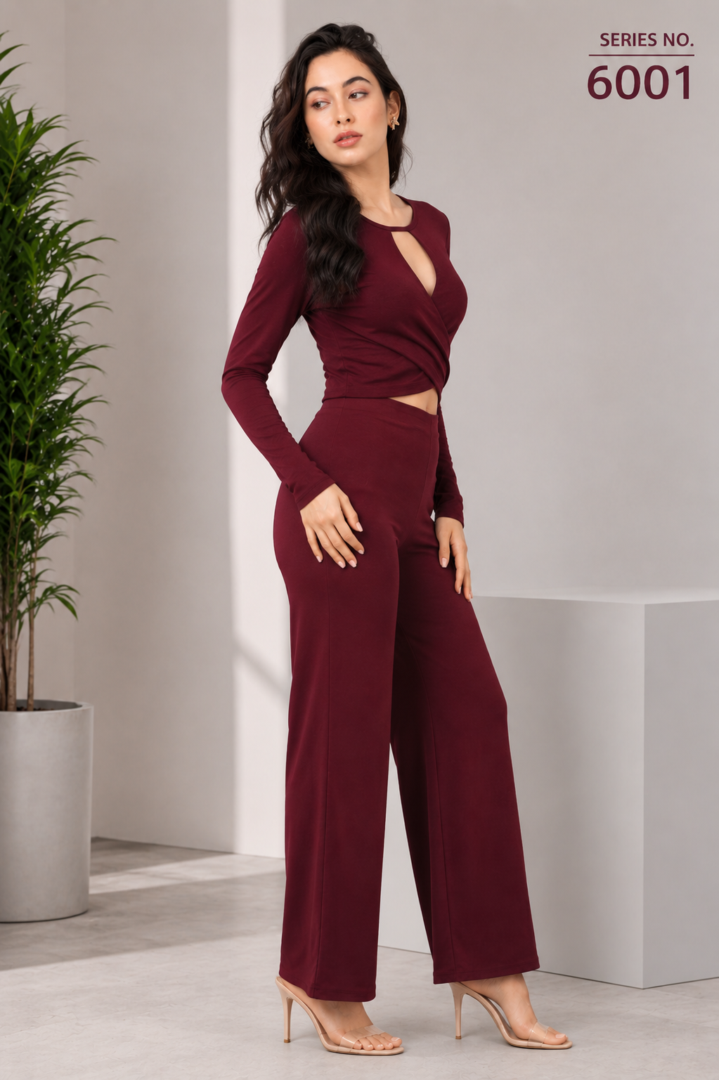 YJ FASHION Maroon Keyhole Cut-Out Wrap Crop Top Co-ord Set - Series 6001