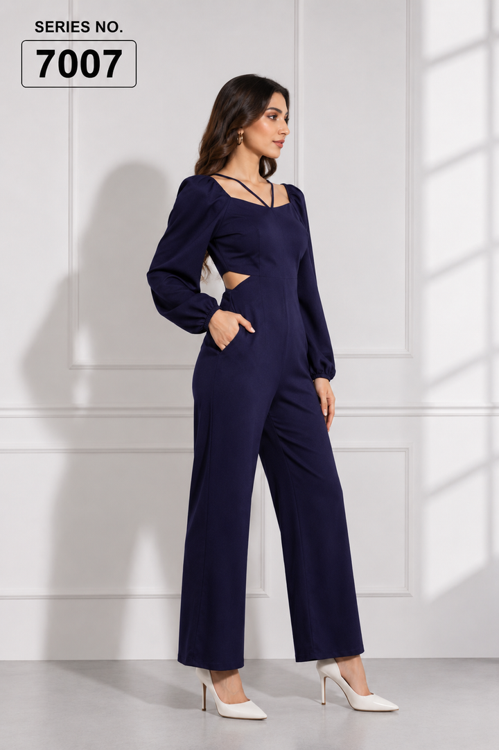 YJ FASHION Navy Cutout Waist Puff Sleeve Jumpsuit