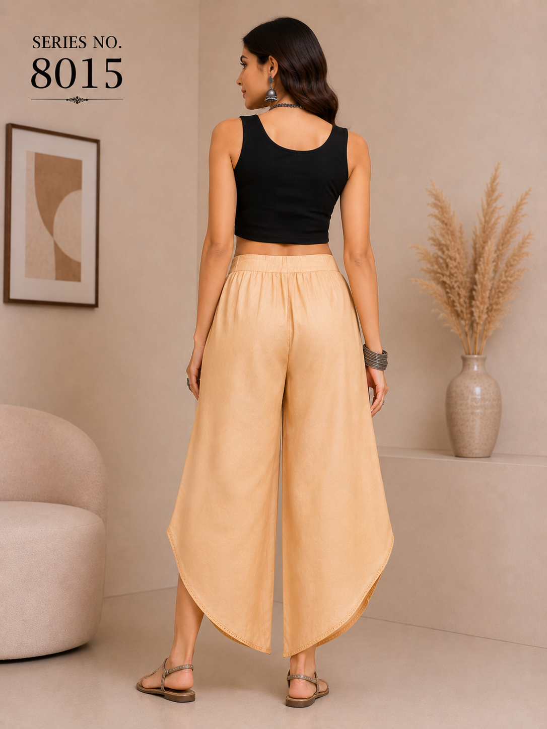 YJ FASHION Beige Tulip Palazzo Pants With Lace Detail