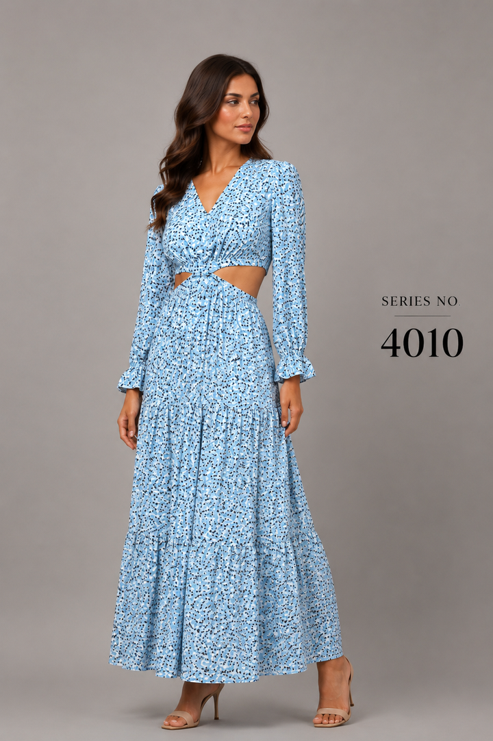 YJ FASHION Sky Blue Floral Print Cut-Out Tiered Maxi Dress - Series 4010