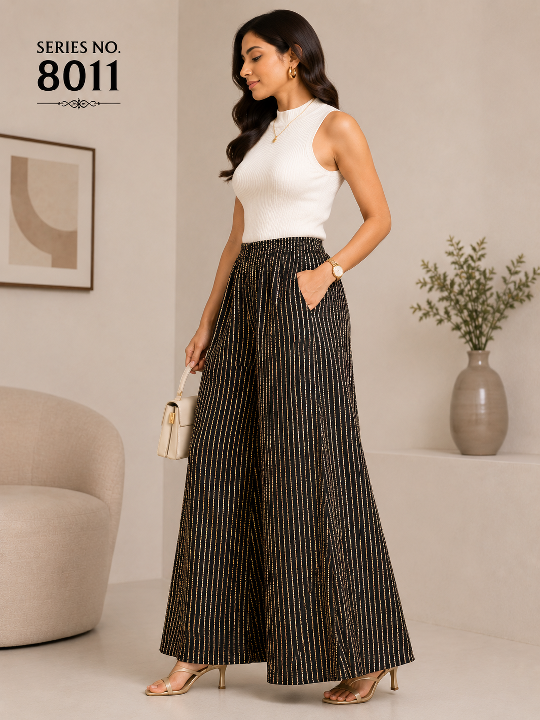 YJ FASHION Black Wide Leg Palazzo Pants With Gold Stripes