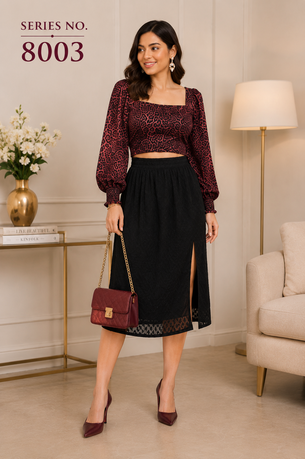 YJ FASHION Leopard Puff textured Sleeve Crop Top