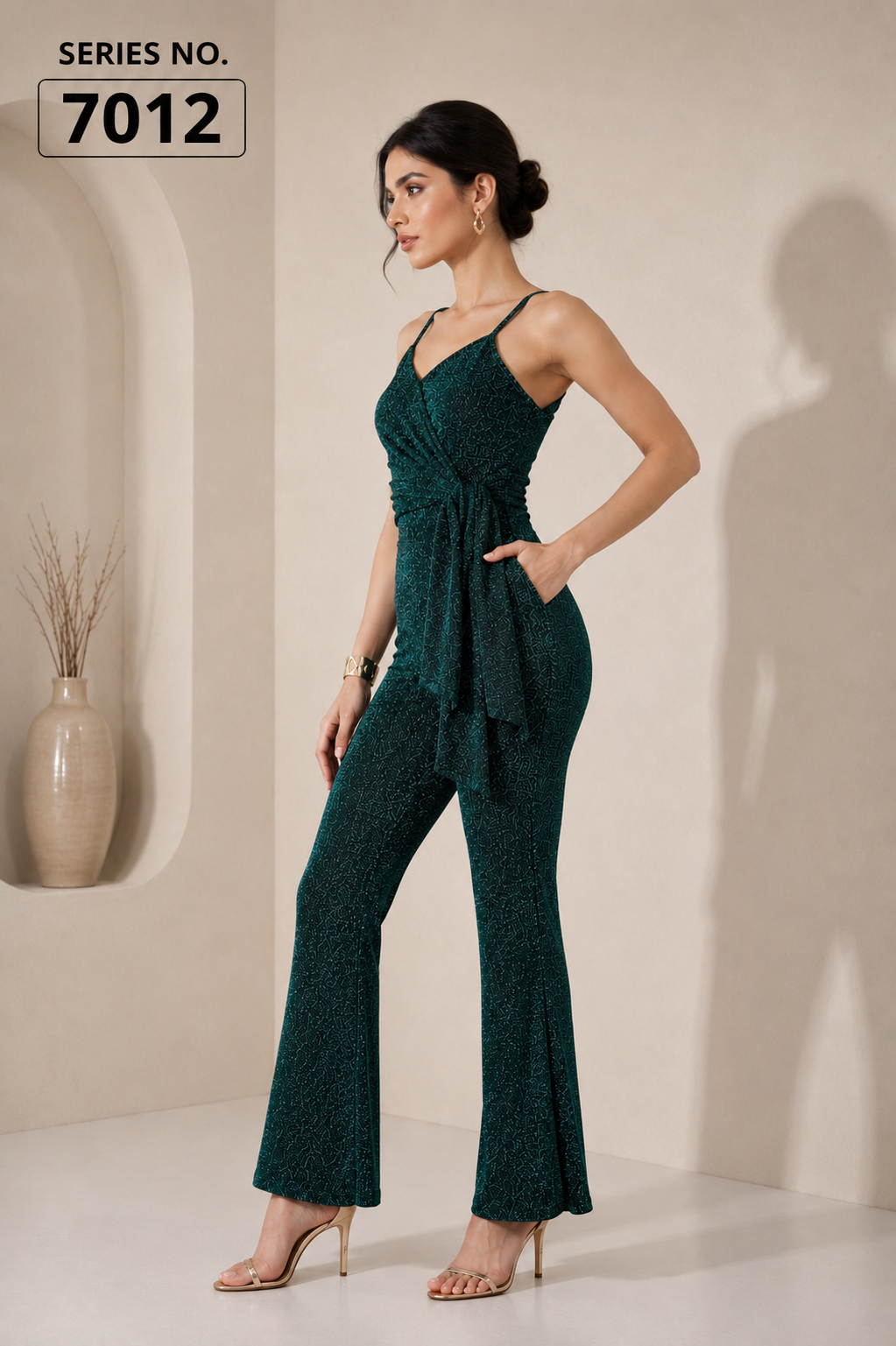 YJ FASHION Teal Shimmer Wrap Tie Jumpsuit
