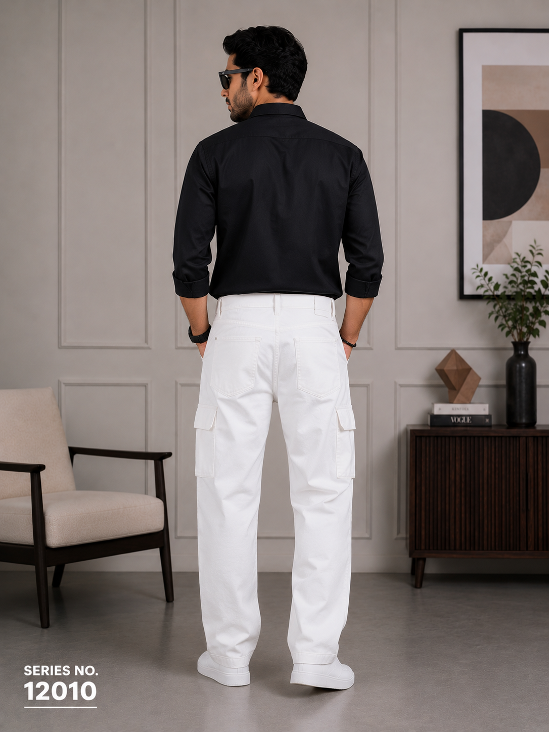 YJ FASHION Men's Loose Fit Mid Rise White Cargo Jeans