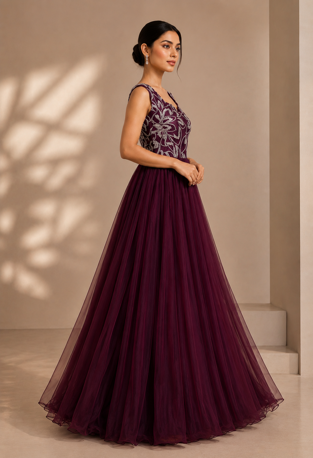 Wine Embroidered Bodice Ball Gown with Layered Tulle Skirt